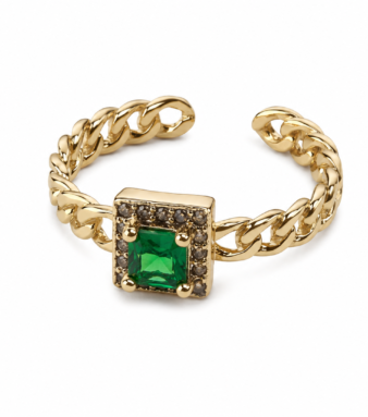 — A refined square design centered with a rich green stone for modern elegance.