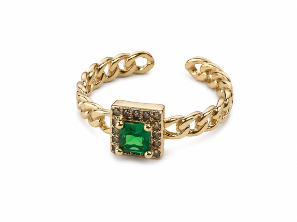 — A refined square design centered with a rich green stone for modern elegance.