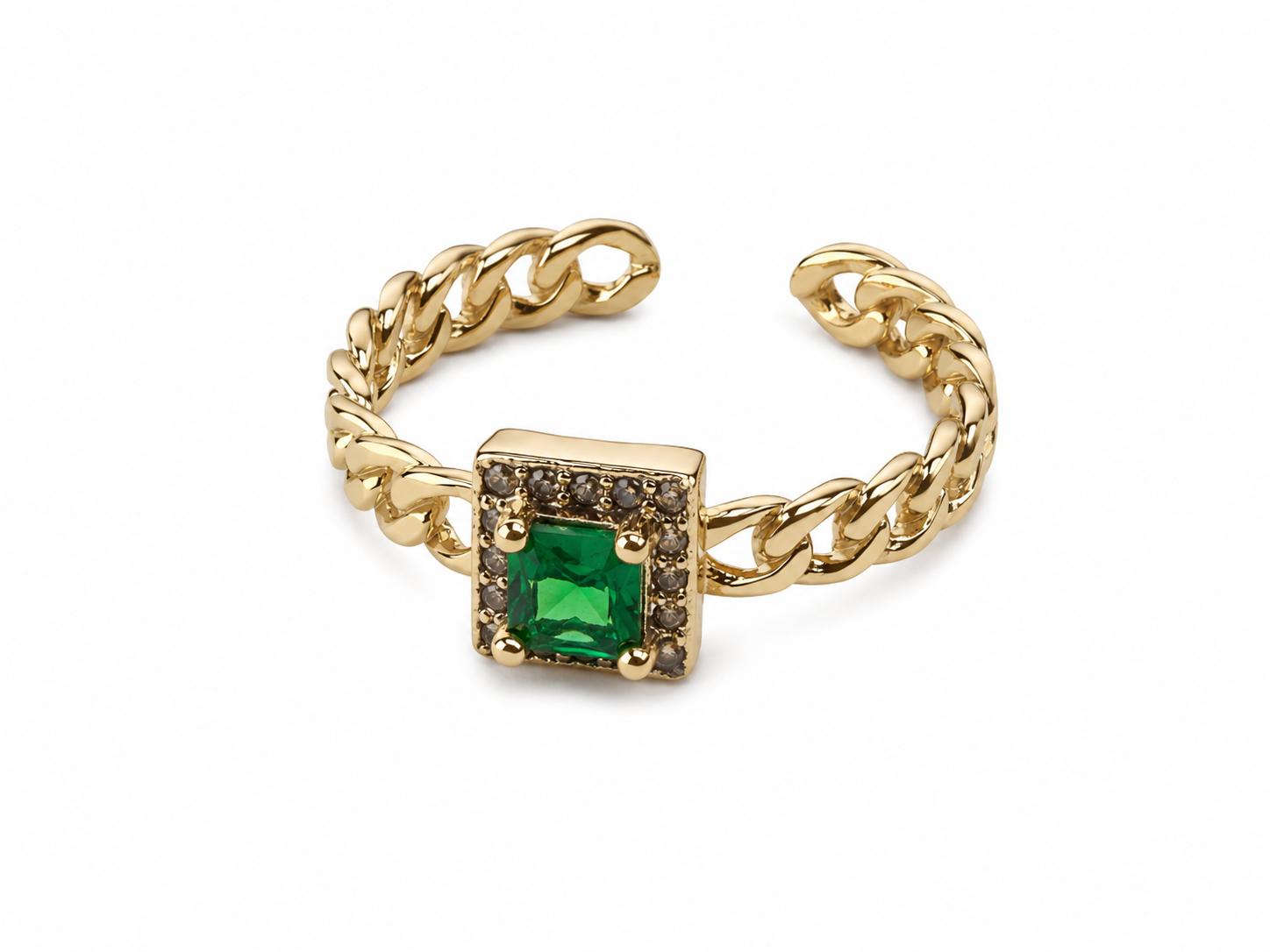 — A refined square design centered with a rich green stone for modern elegance.